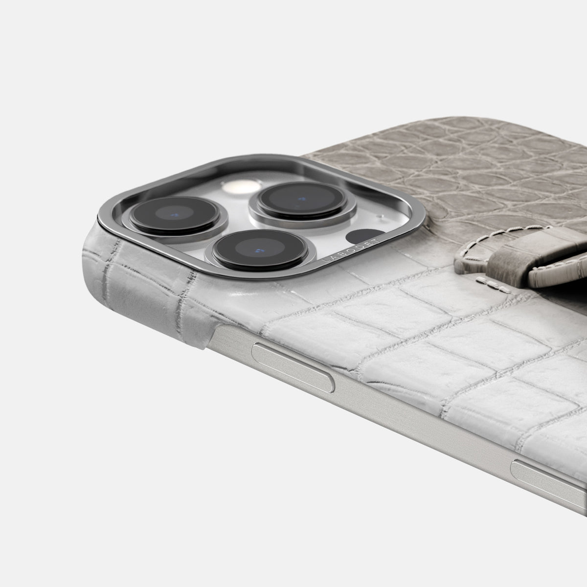 Grey iPhone 16 Pro Max Center Handle Himalayan Crocodile with Steel Metal -5 | Grey-Steel