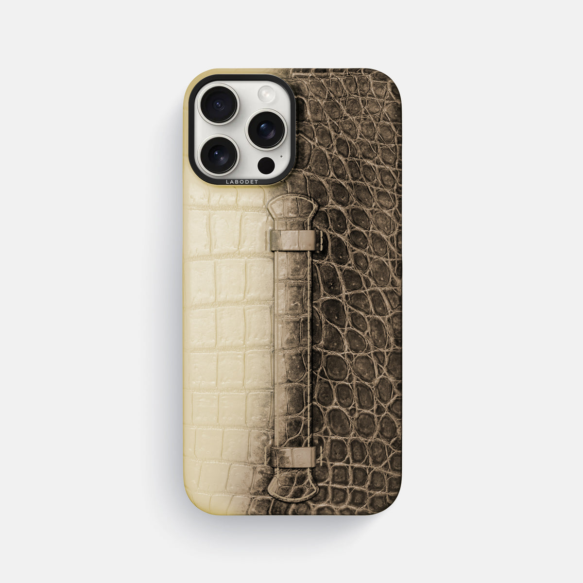 Natural iPhone 16 Pro Max Center Handle Himalayan Crocodile with Black Metal -1 | Natural-Black