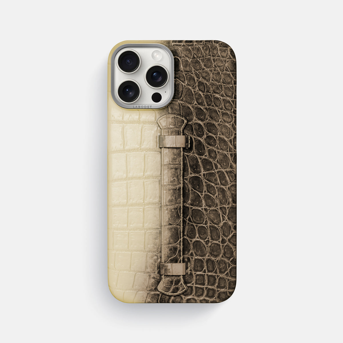 Natural iPhone 16 Pro Max Center Handle Himalayan Crocodile with Steel Metal -1 | Natural-Steel
