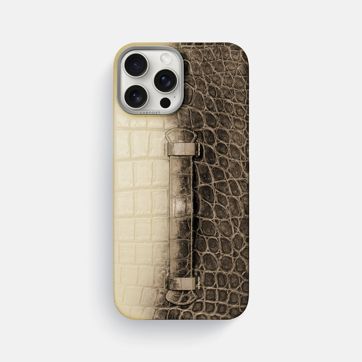 Natural iPhone 16 Pro Max Center Handle Himalayan Crocodile with Steel Metal -2 | Natural-Steel