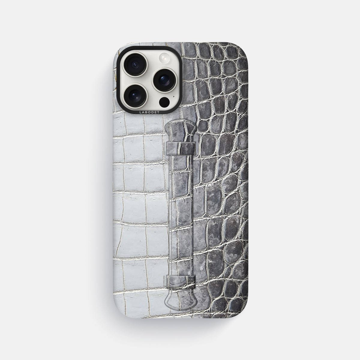 Silver iPhone 16 Pro Max Center Handle Himalayan Crocodile with Black Metal -1 | Silver-Black