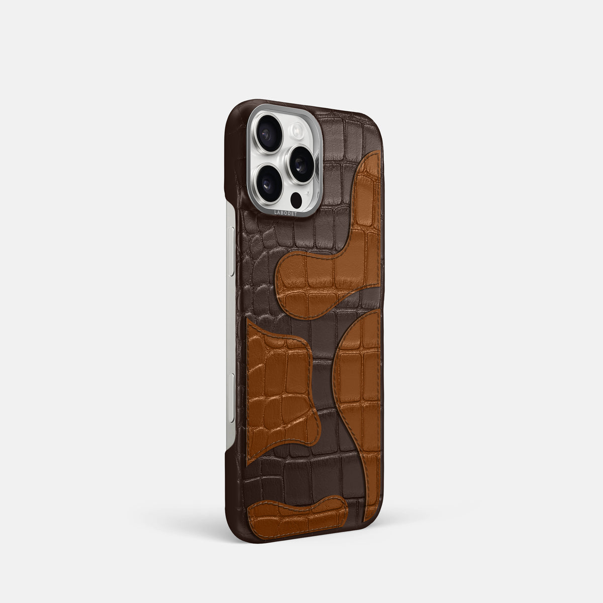 Dark-Brown iPhone 16 Pro Classic Case Camouflage In Alligator with Steel Metal -2 | Dark-Brown-Steel
