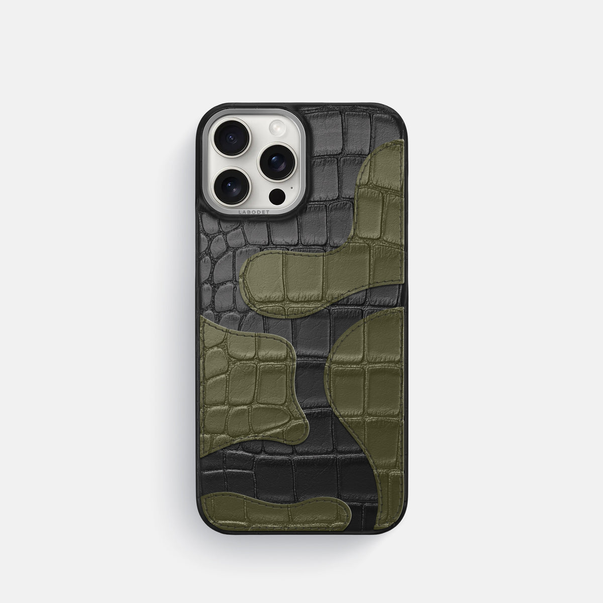 Black iPhone 16 Pro Classic Case Camouflage In Alligator with Steel Metal -1 | Black-Steel
