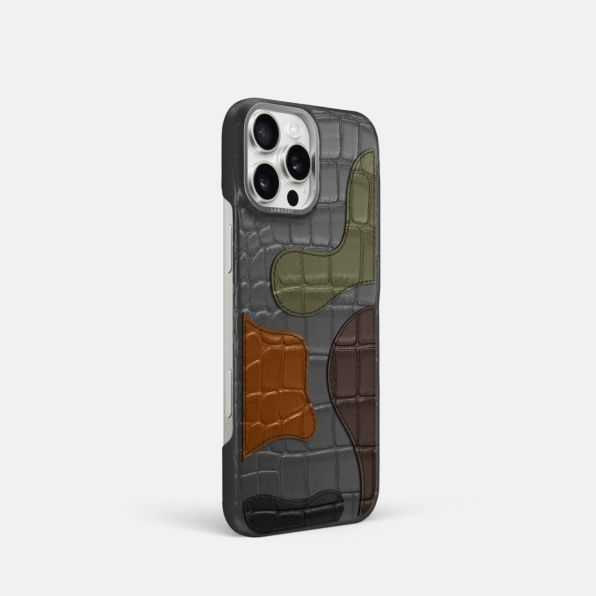 Grey iPhone 16 Pro Classic Case Camouflage In Alligator with Steel Metal -2 | Grey-Steel
