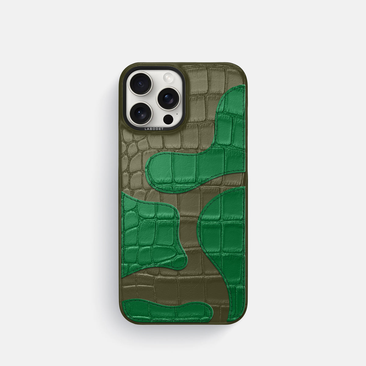 Kaki-Green iPhone 16 Pro Classic Case Camouflage In Alligator with Black Metal -1 | Kaki-Green-Black