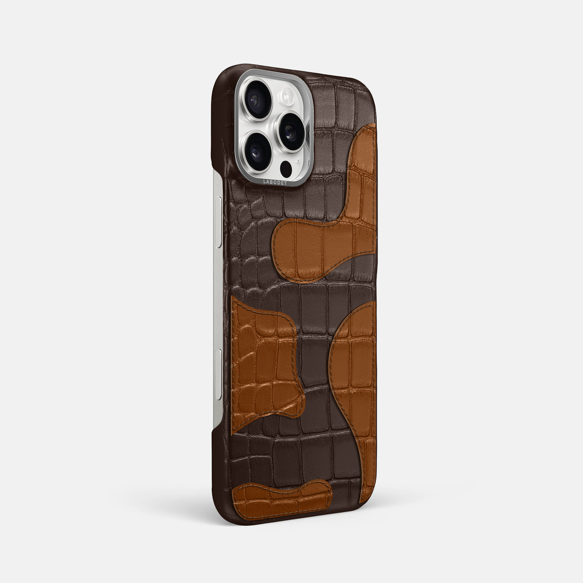 Dark-Brown iPhone 16 Pro Max Classic Case Camouflage In Alligator with Steel Metal -2 | Dark-Brown-Steel