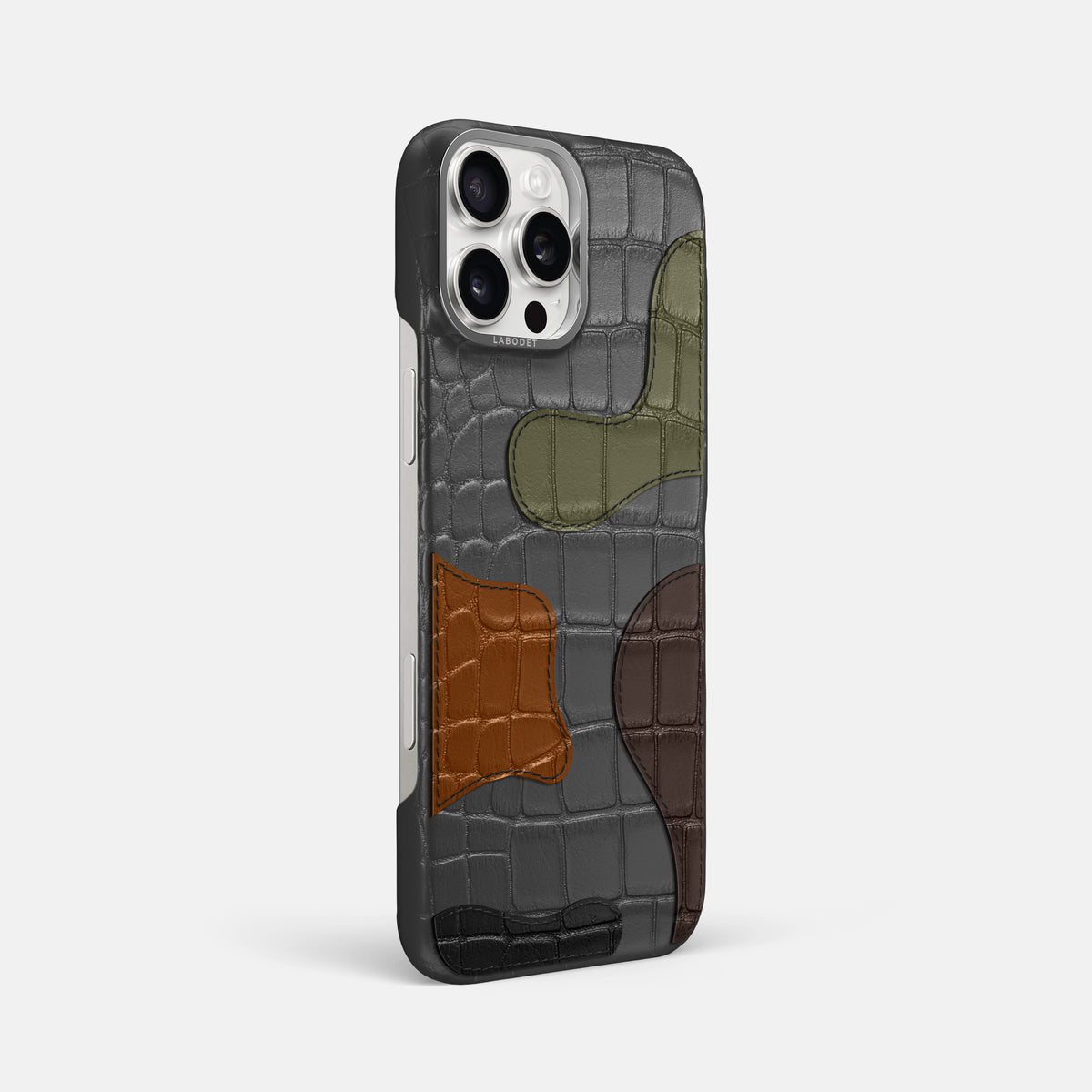 Grey iPhone 16 Pro Max Classic Case Camouflage In Alligator with Steel Metal -2 | Grey-Steel