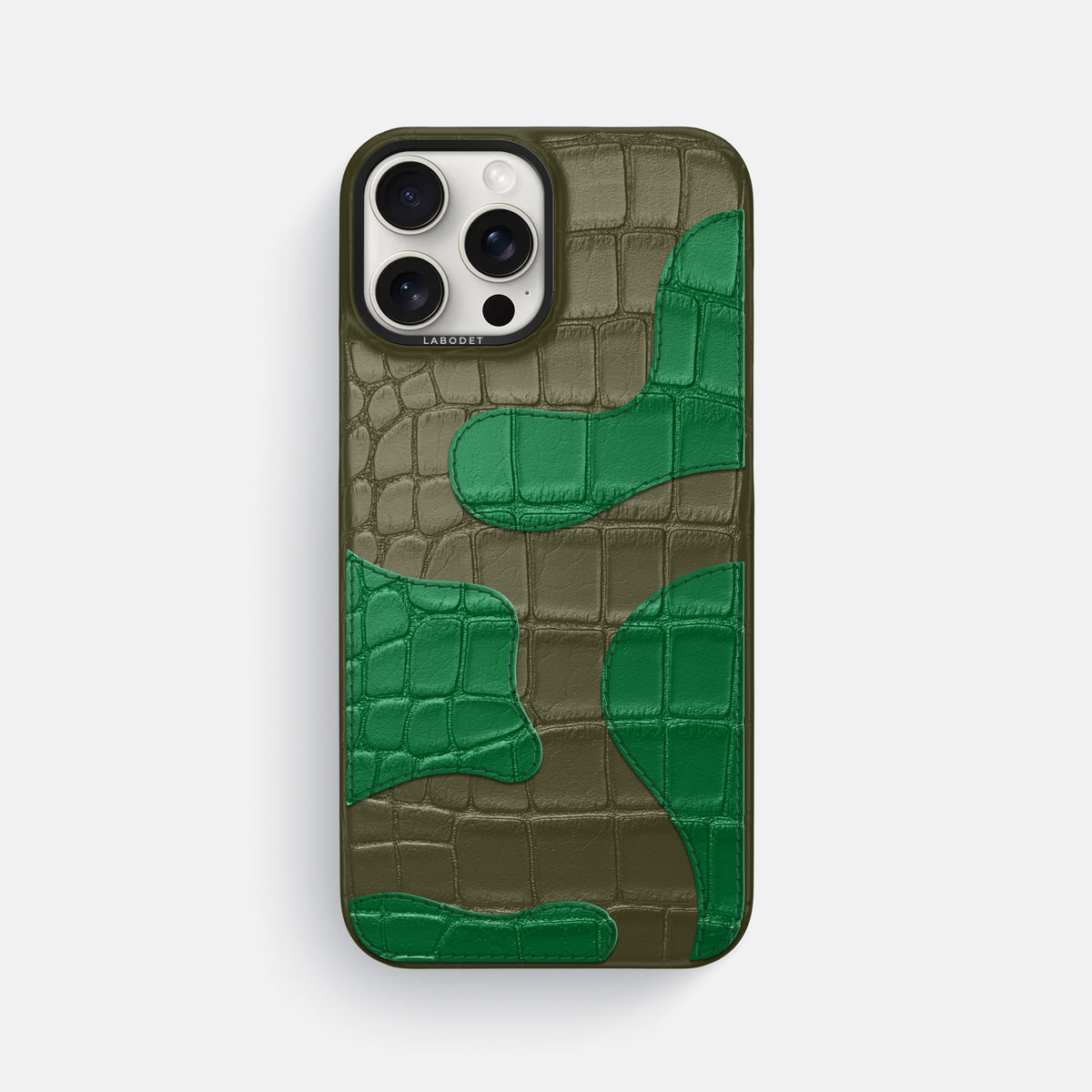 Kaki-Green iPhone 16 Pro Max Classic Case Camouflage In Alligator with Black Metal -1 | Kaki-Green-Black