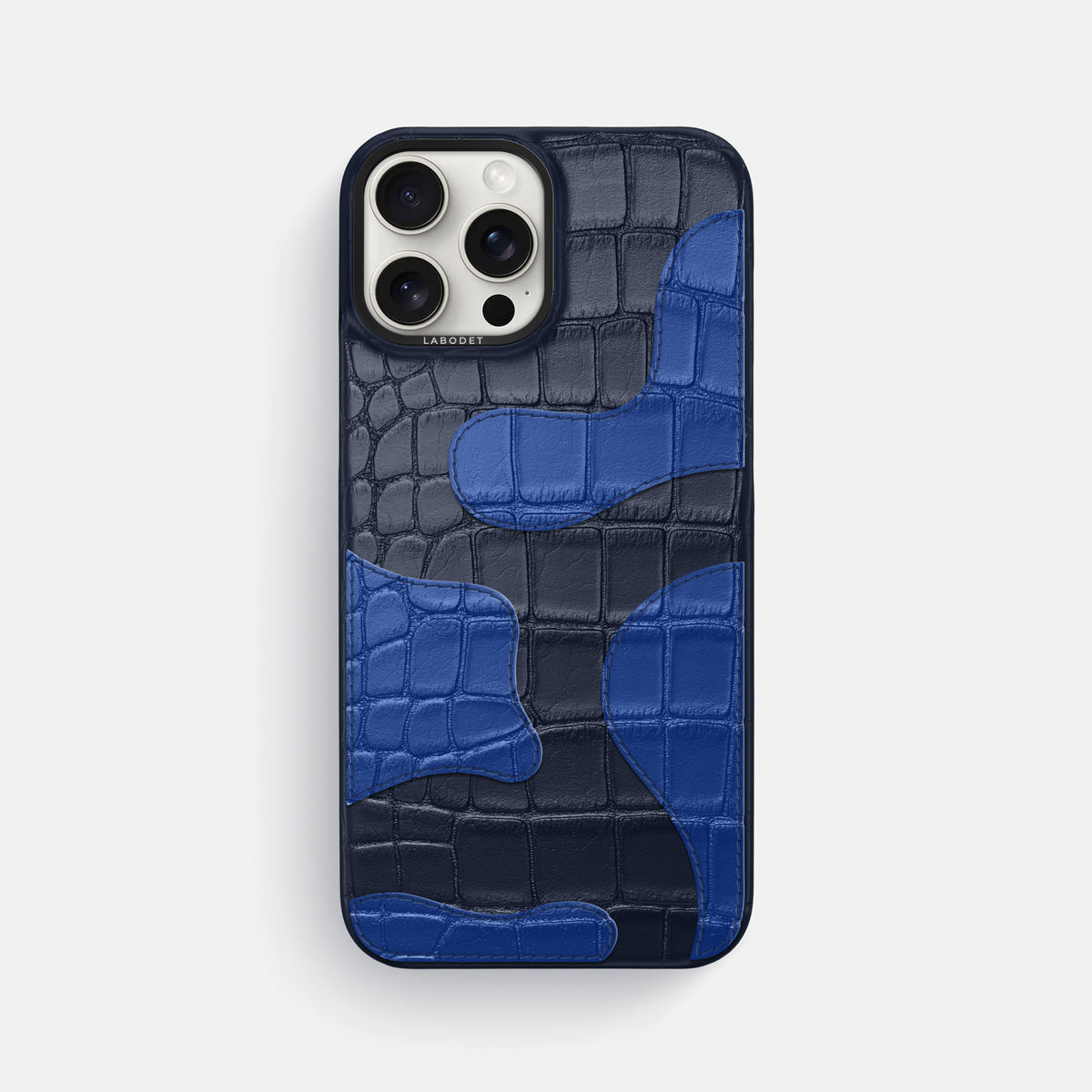 Navy Blue iPhone 16 Pro Max Classic Case Camouflage In Alligator with Black Metal -1 | Navy-Blue-Black