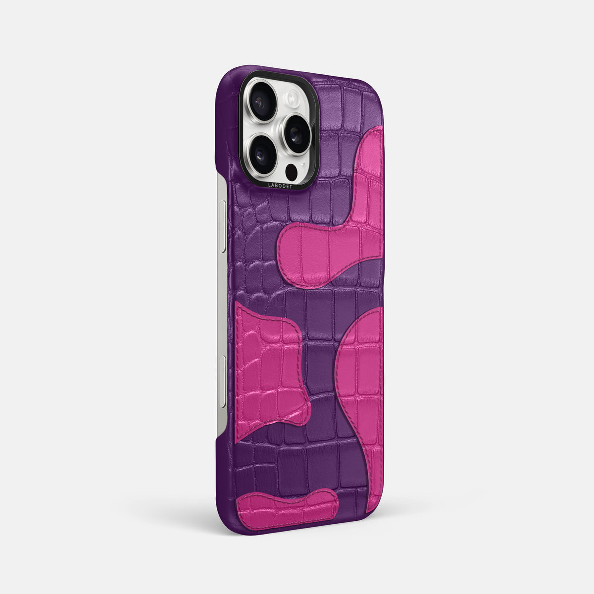Purple iPhone 16 Pro Max Classic Case Camouflage In Alligator with Black Metal -2 | Purple-Black