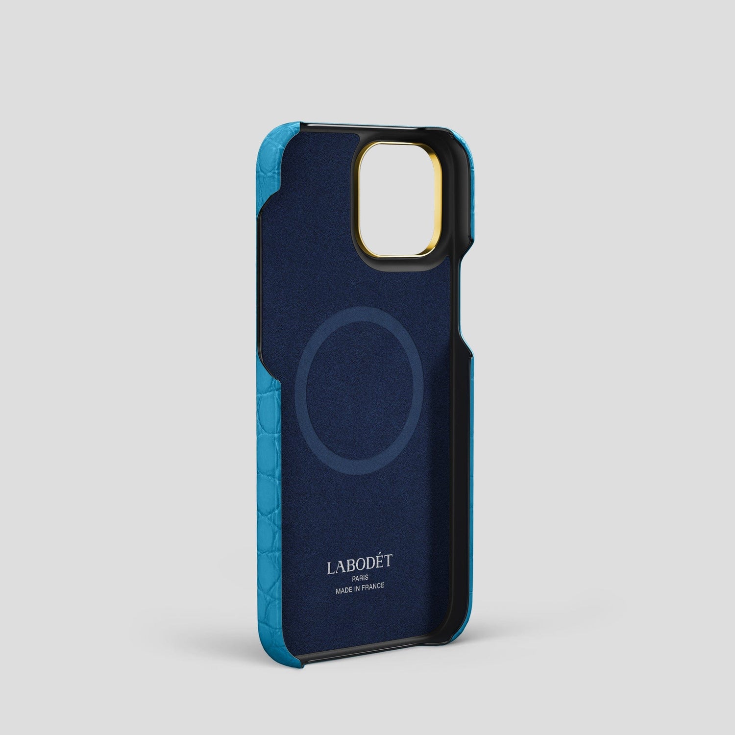 Curaçao-Blue iPhone 14 Pro Classic Case Alligator with Gold Metal -4 | Curaçao-Blue-Gold