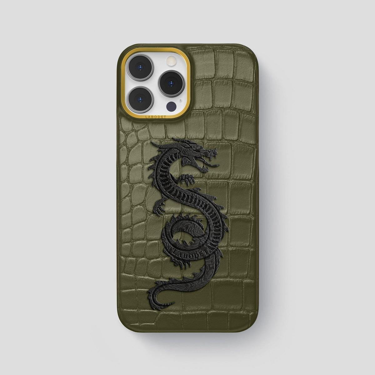 Kaki-Green iPhone 14 Pro Max Classic Case Alligator with Gold Metal -1 | Kaki-Green-Gold