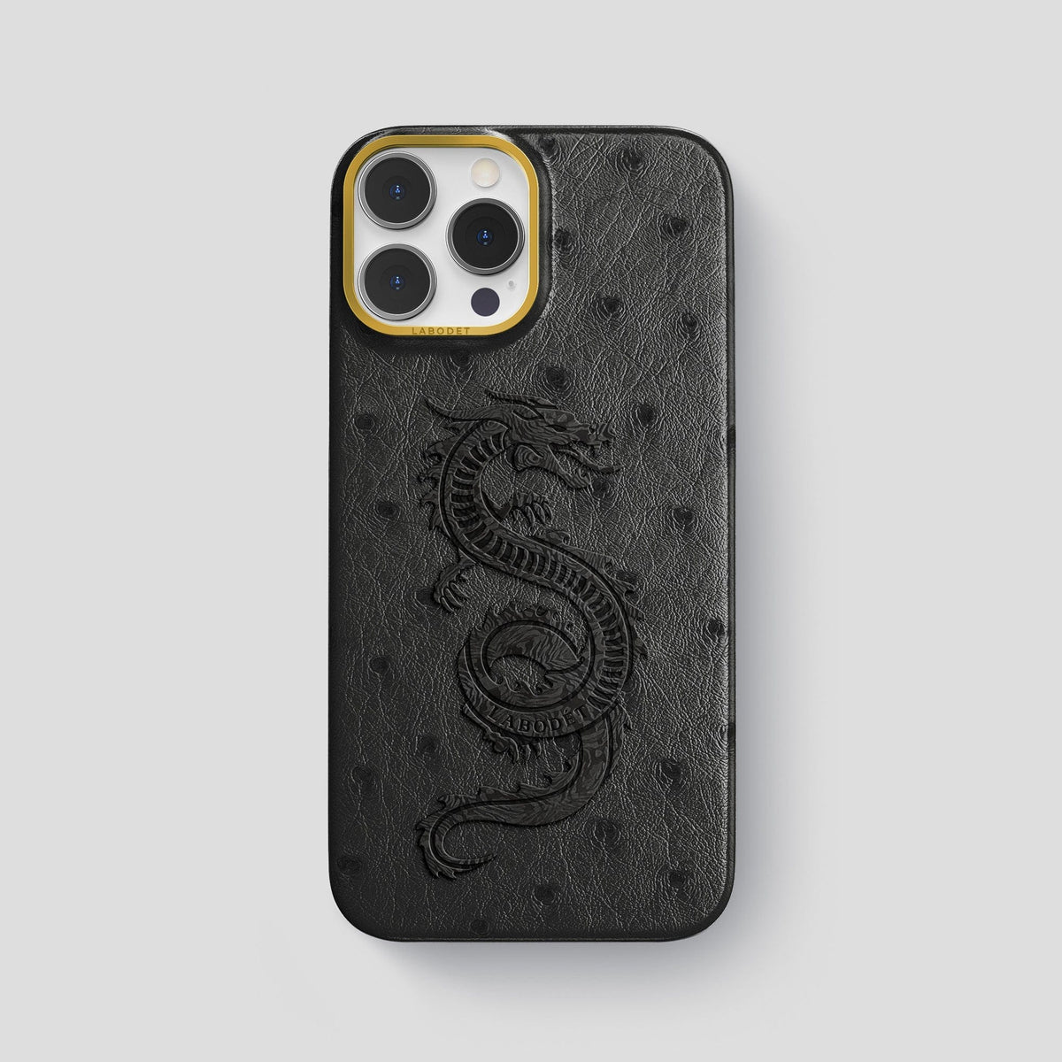 Black iPhone 15 Pro Max Classic Case Ostrich with Gold Metal -1 | Black-Gold