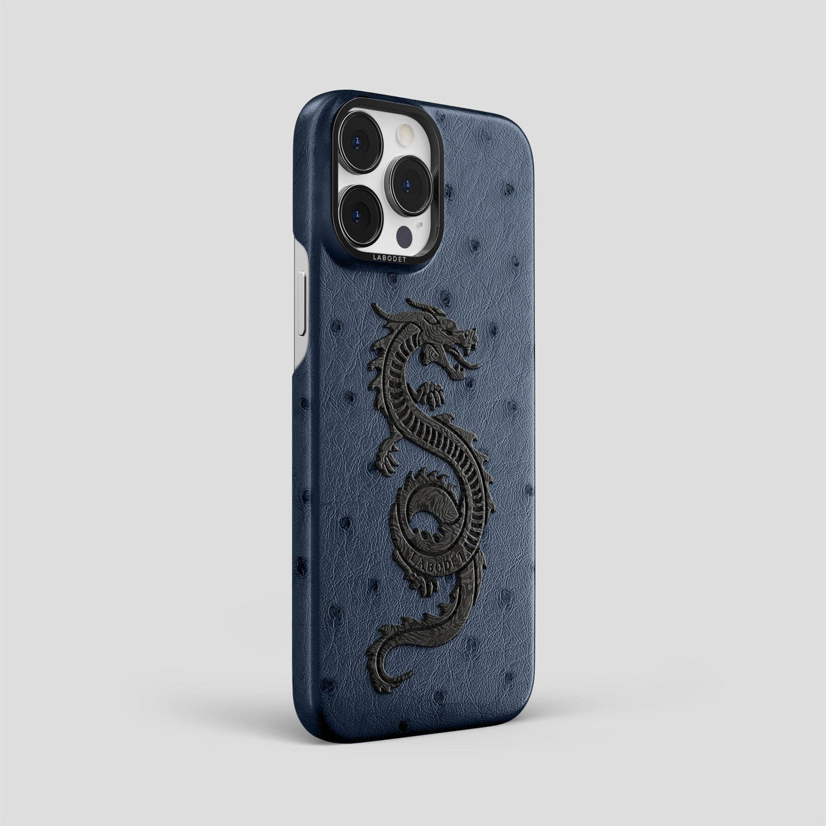 Navy-Blue iPhone 14 Pro Max Classic Case Ostrich with Black Metal -2 | Navy-Blue-Black