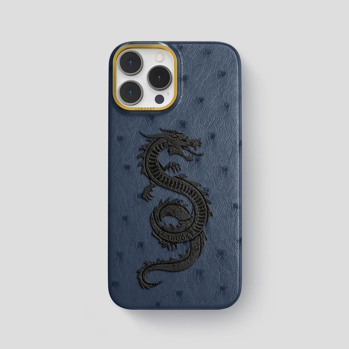 Navy-Blue iPhone 14 Pro Max Classic Case Ostrich with Gold Metal -1 | Navy-Blue-Gold