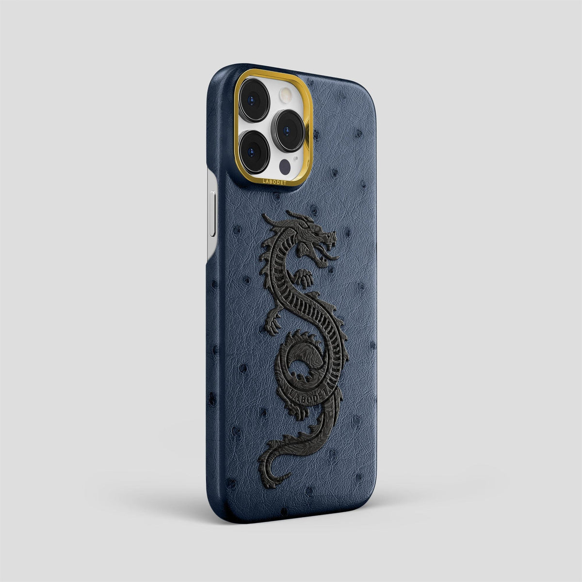 Navy-Blue iPhone 14 Pro Max Classic Case Ostrich with Gold Metal -2 | Navy-Blue-Gold