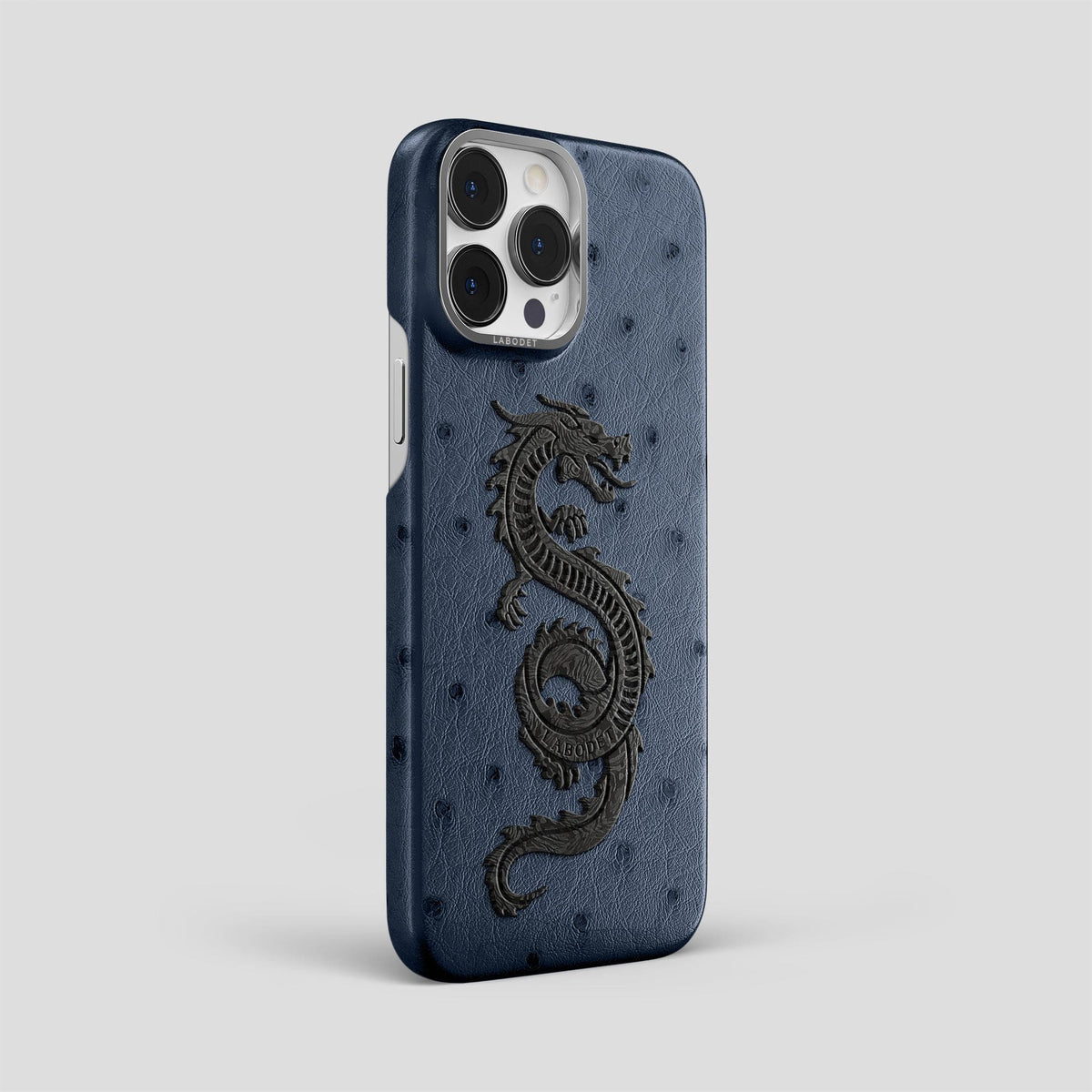 Navy-Blue iPhone 15 Pro Max Classic Case Ostrich with Steel Metal -2 | Navy-Blue-Steel