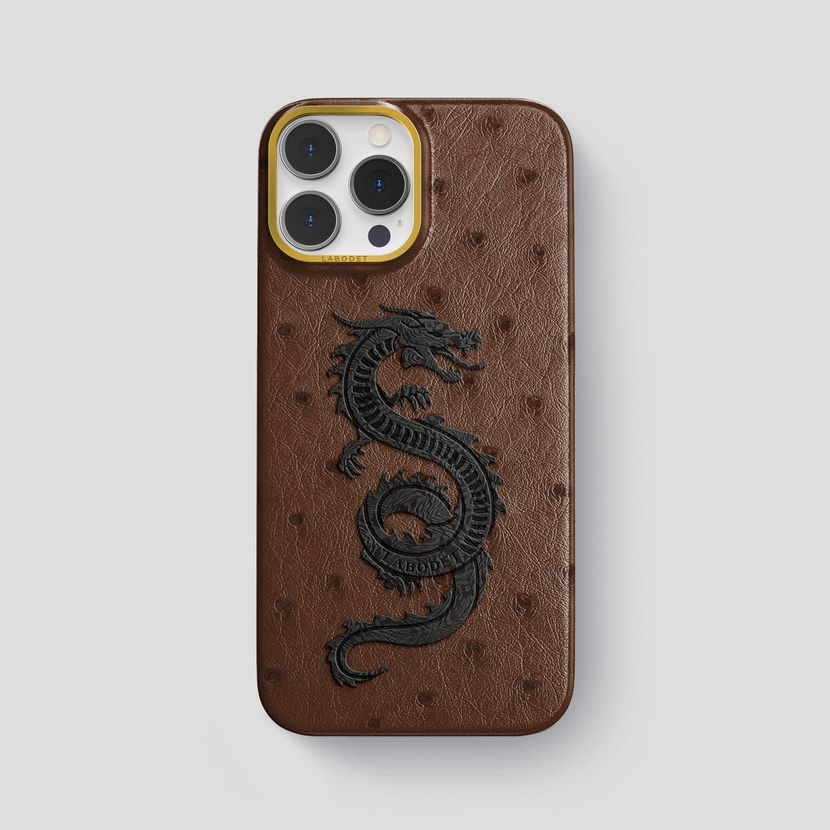 Chocolate iPhone 15 Pro Max Classic Case Ostrich with Gold Metal -1 | Chocolate-Gold