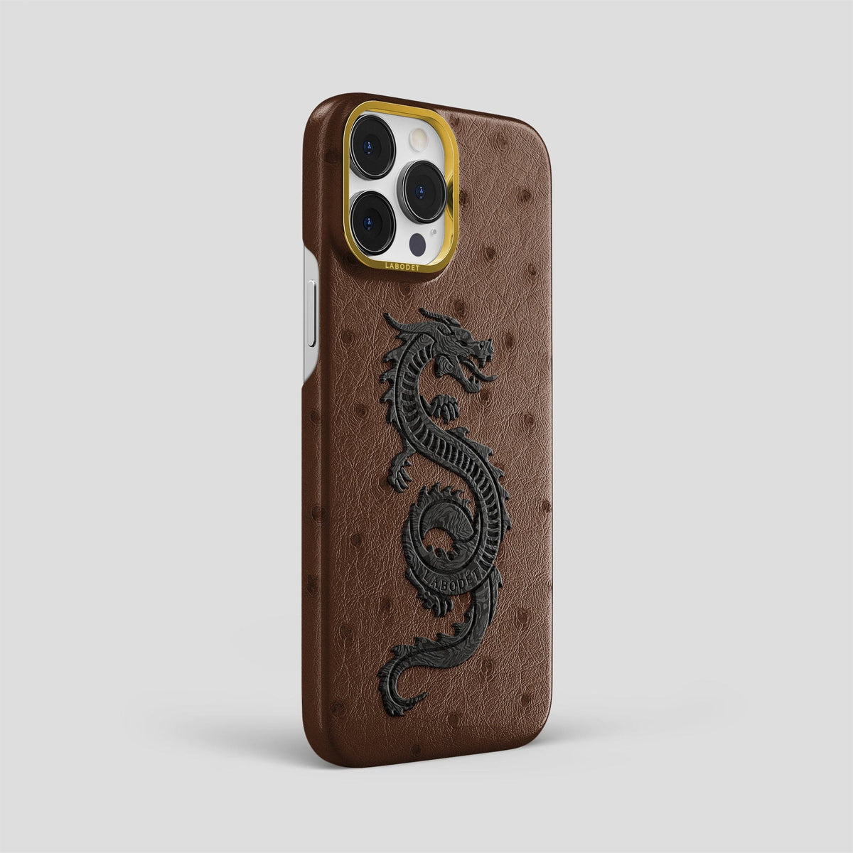 Chocolate iPhone 15 Pro Max Classic Case Ostrich with Gold Metal -2 | Chocolate-Gold