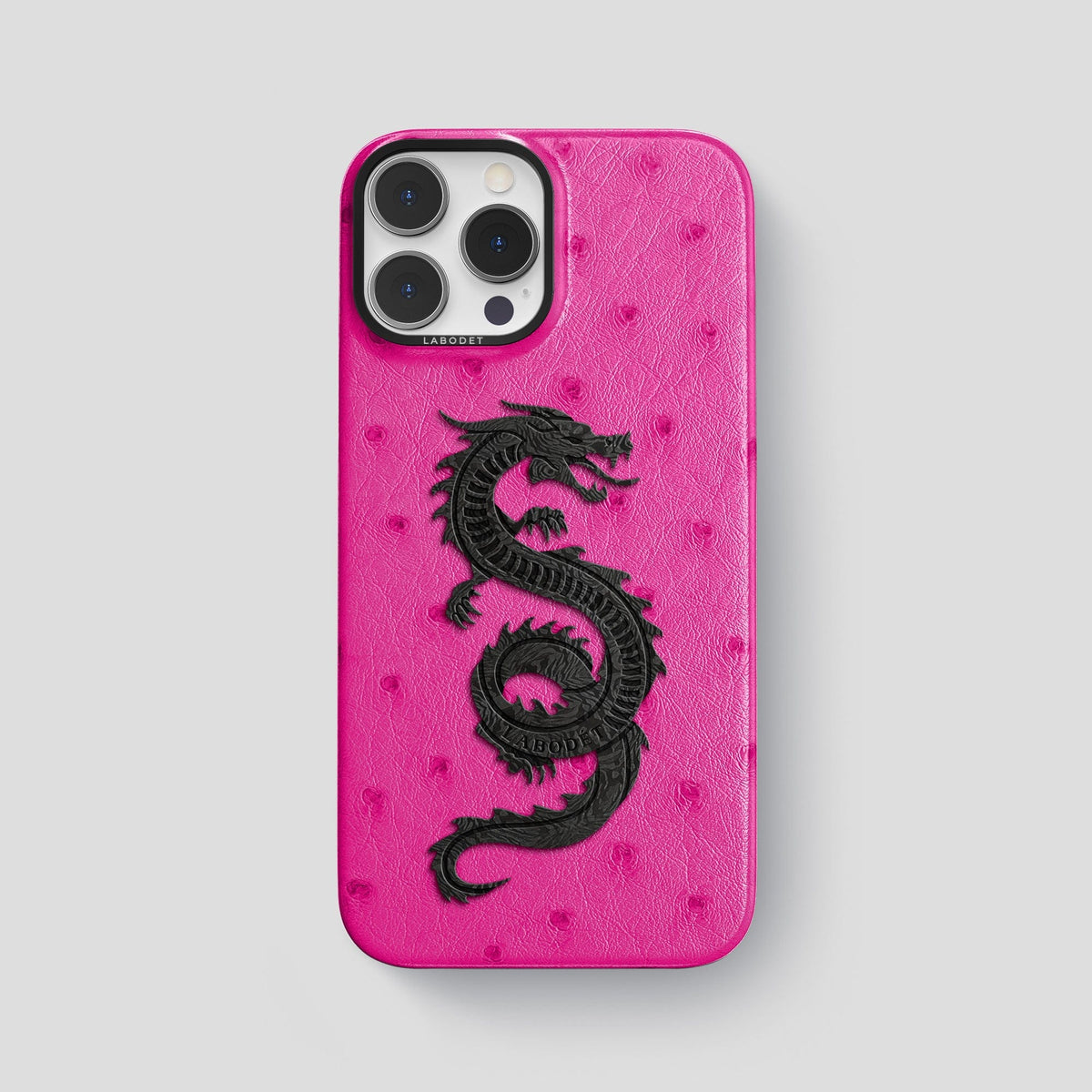 Fuchsia iPhone 15 Pro Max Classic Case Ostrich with Black Metal -1 | Fuchsia-Black