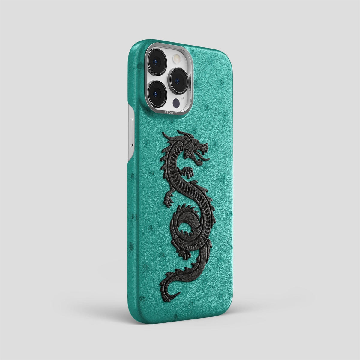 Turquoise iPhone 15 Pro Max Classic Case Ostrich with Steel Metal -2 | Turquoise-Steel