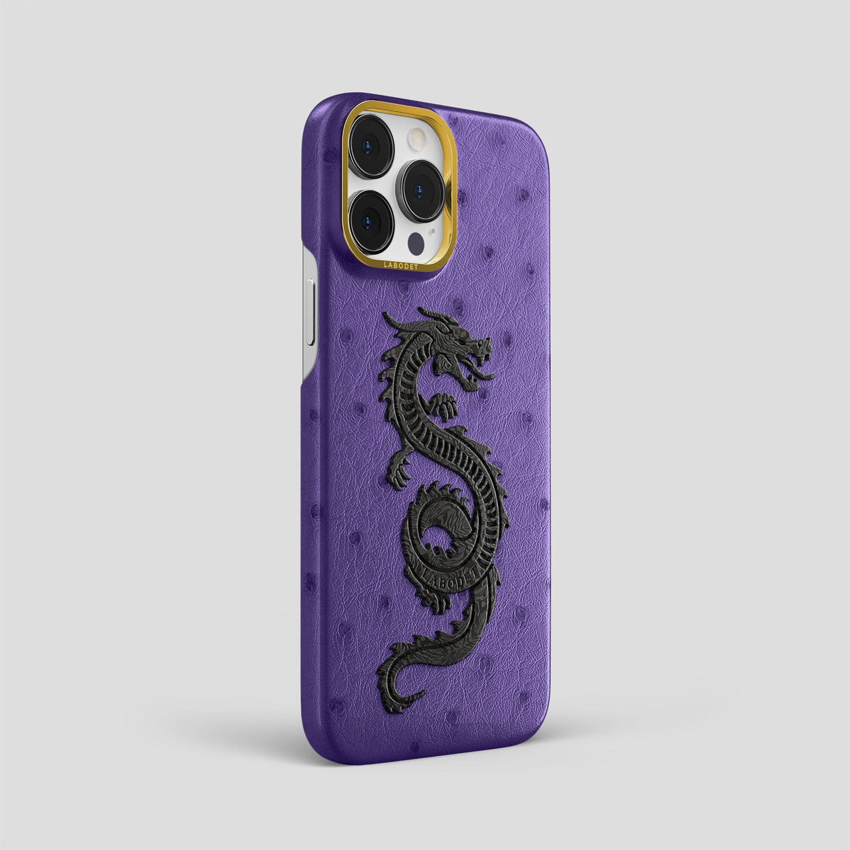 Purple iPhone 14 Pro Max Classic Case Ostrich with Gold Metal -2 | Purple-Gold