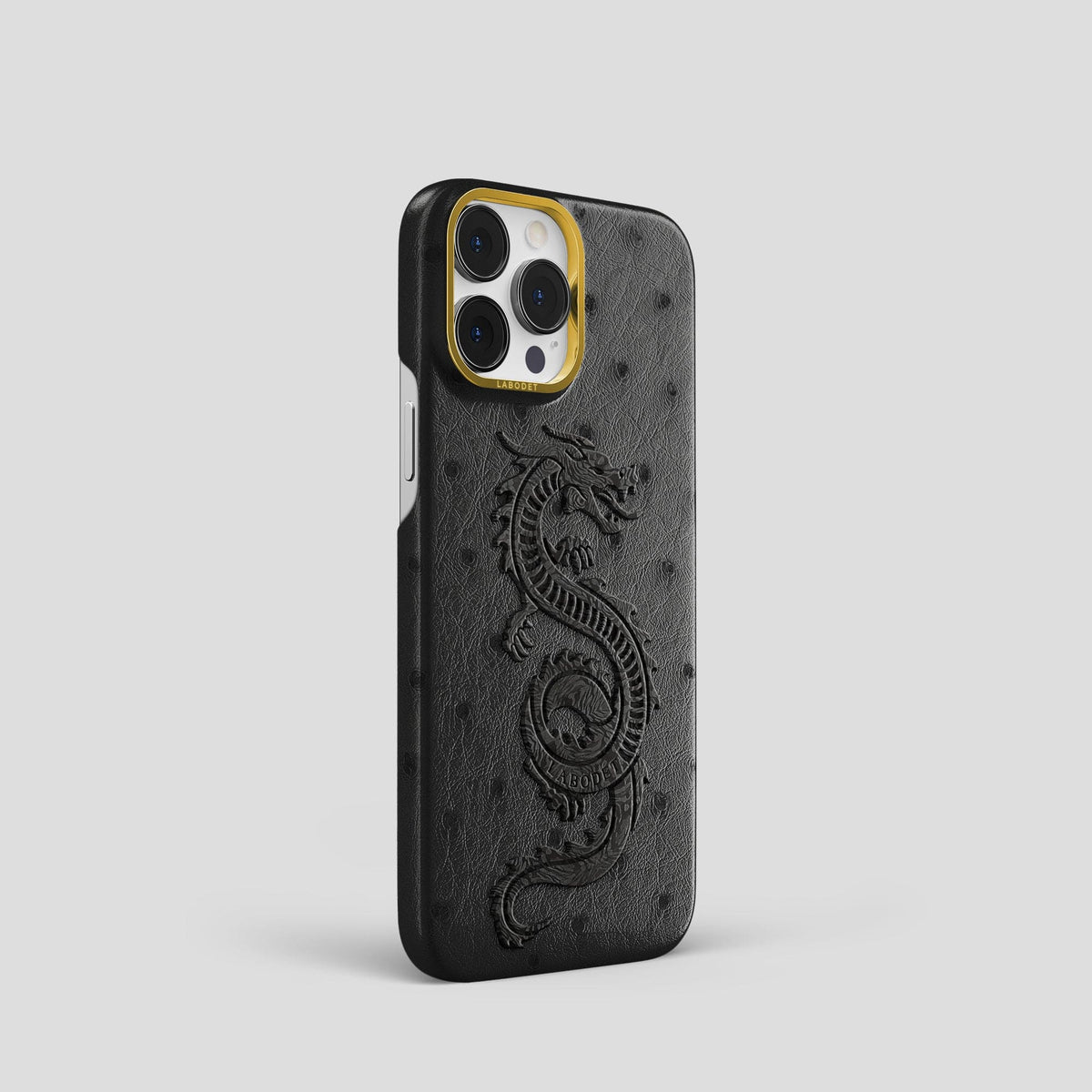 Black iPhone 15 Pro Classic Case Ostrich with Gold Metal -2 | Black-Gold