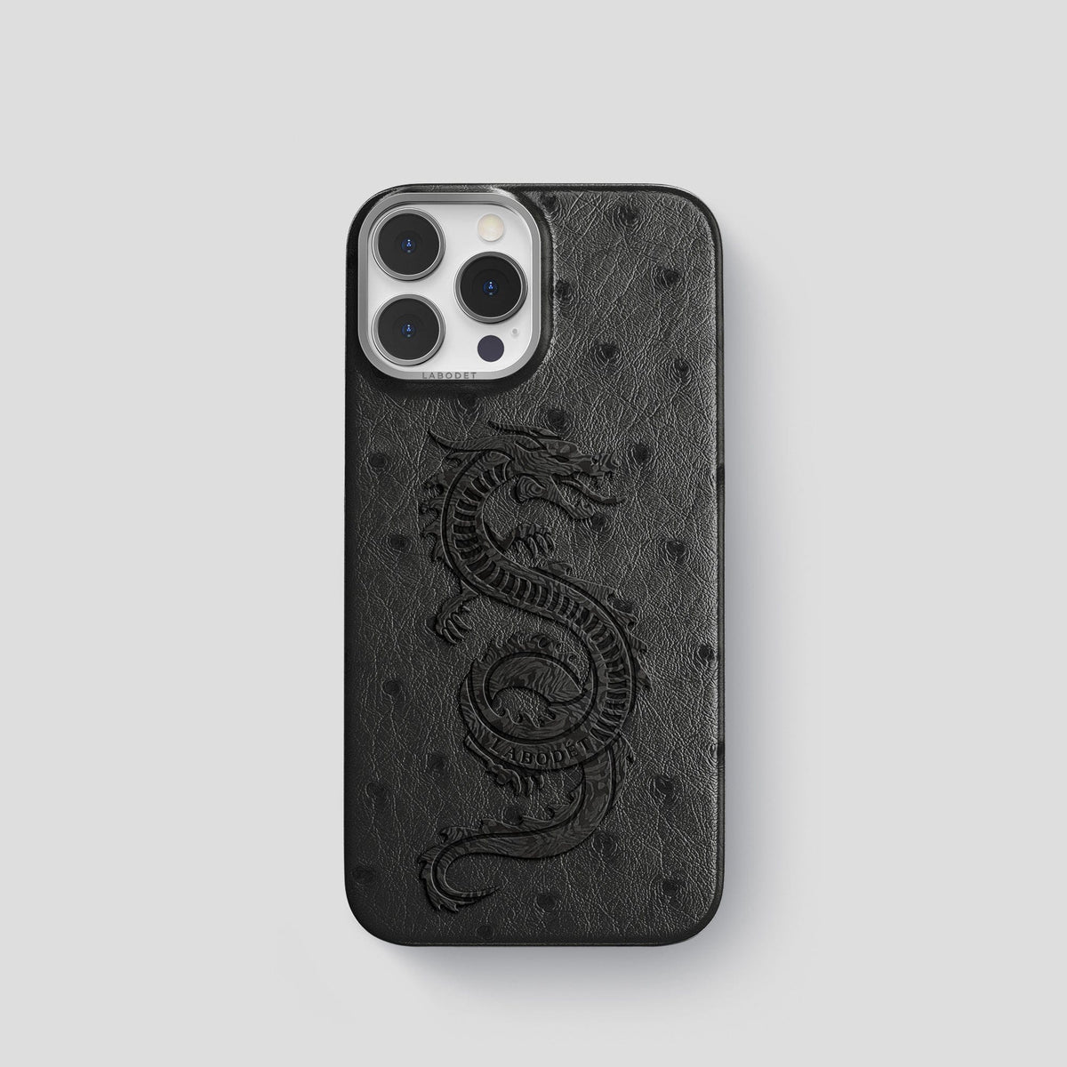 Black iPhone 15 Pro Classic Case Ostrich with Steel Metal -1 | Black-Steel