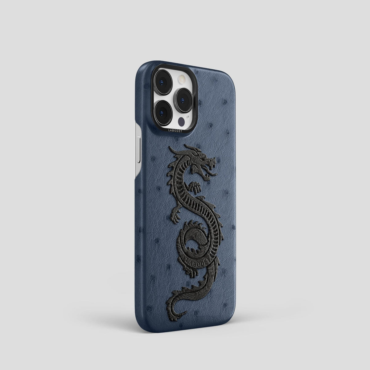 Navy-Blue iPhone 15 Pro Classic Case Ostrich with Black Metal -2 | Navy-Blue-Black