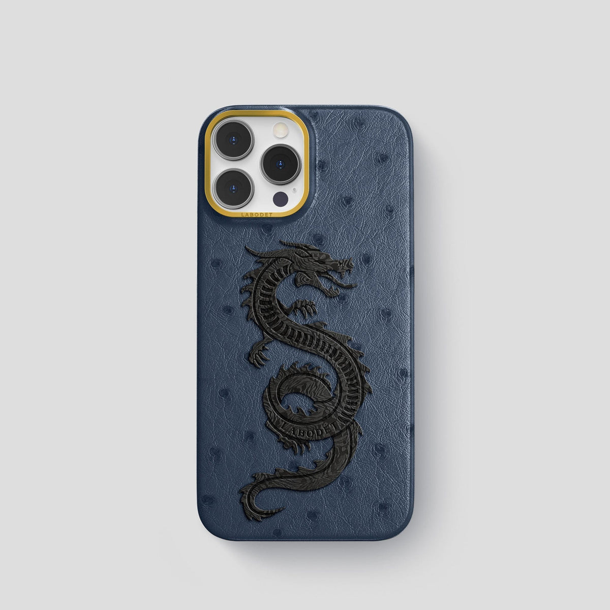 Navy-Blue iPhone 14 Pro Classic Case Ostrich with Gold Metal -1 | Navy-Blue-Gold