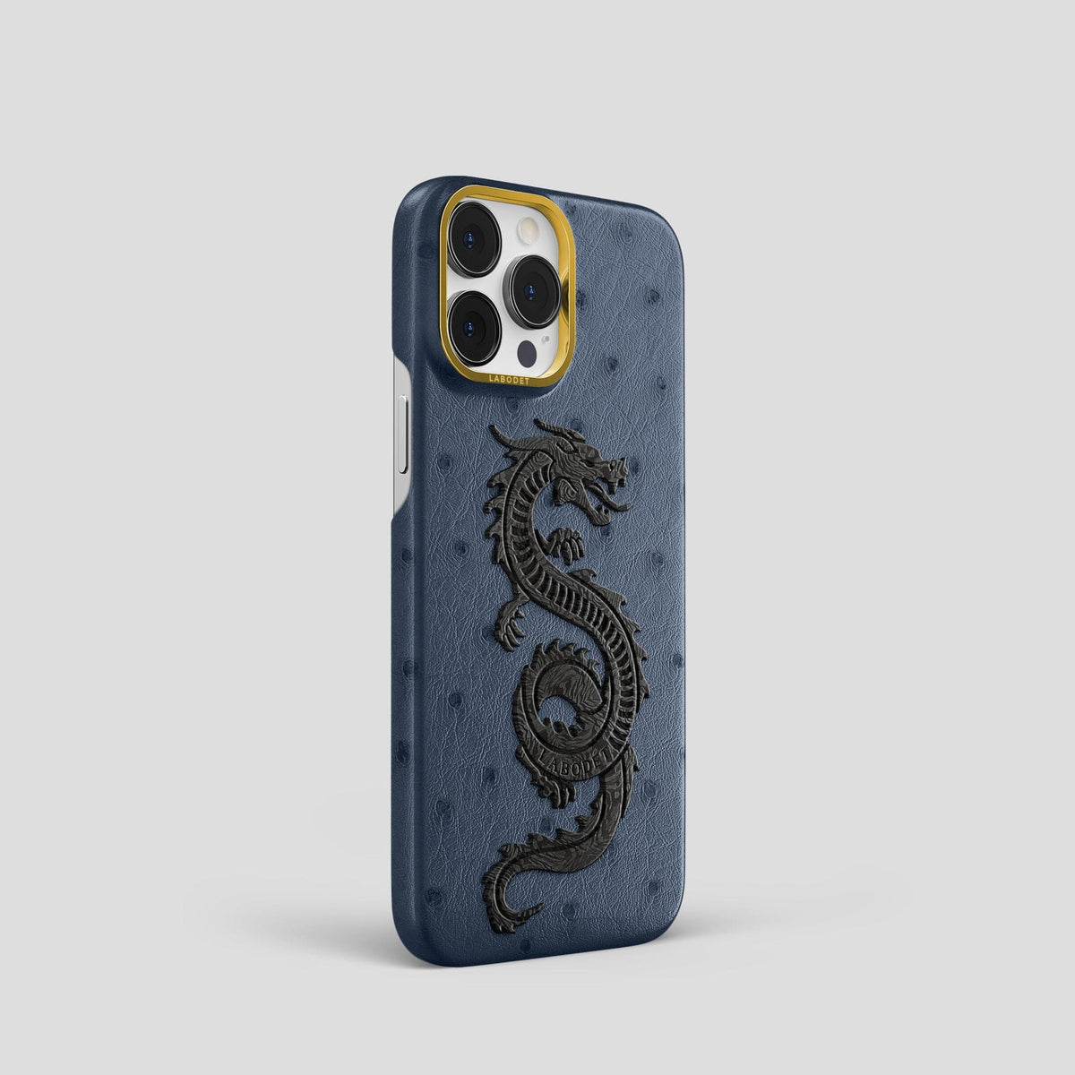 Navy-Blue iPhone 14 Pro Classic Case Ostrich with Gold Metal -2 | Navy-Blue-Gold