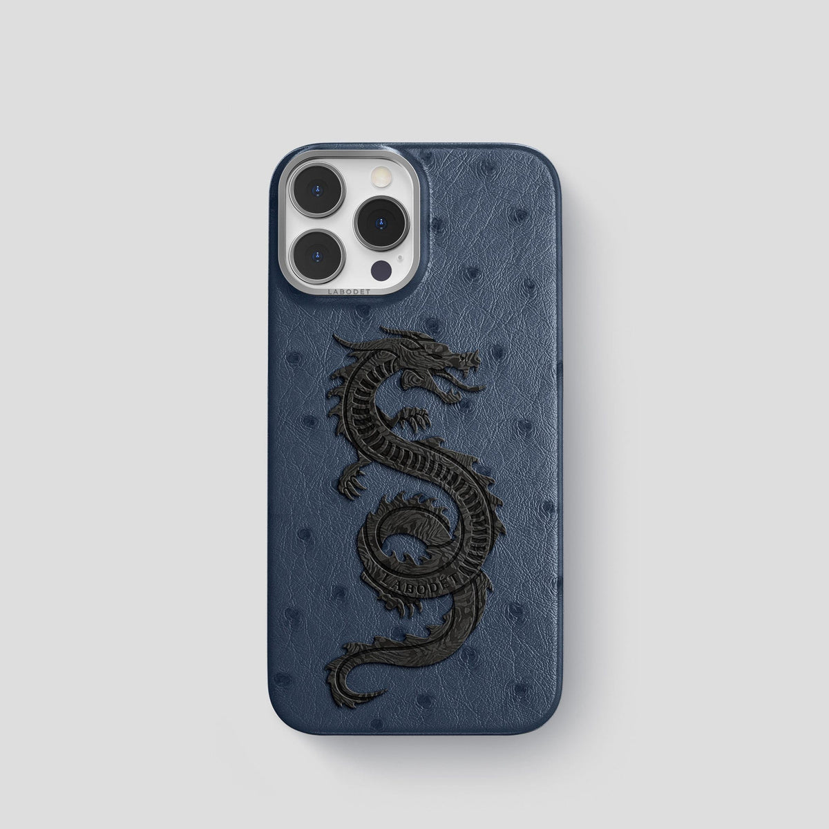 Navy-Blue iPhone 14 Pro Classic Case Ostrich with Steel Metal -1 | Navy-Blue-Steel