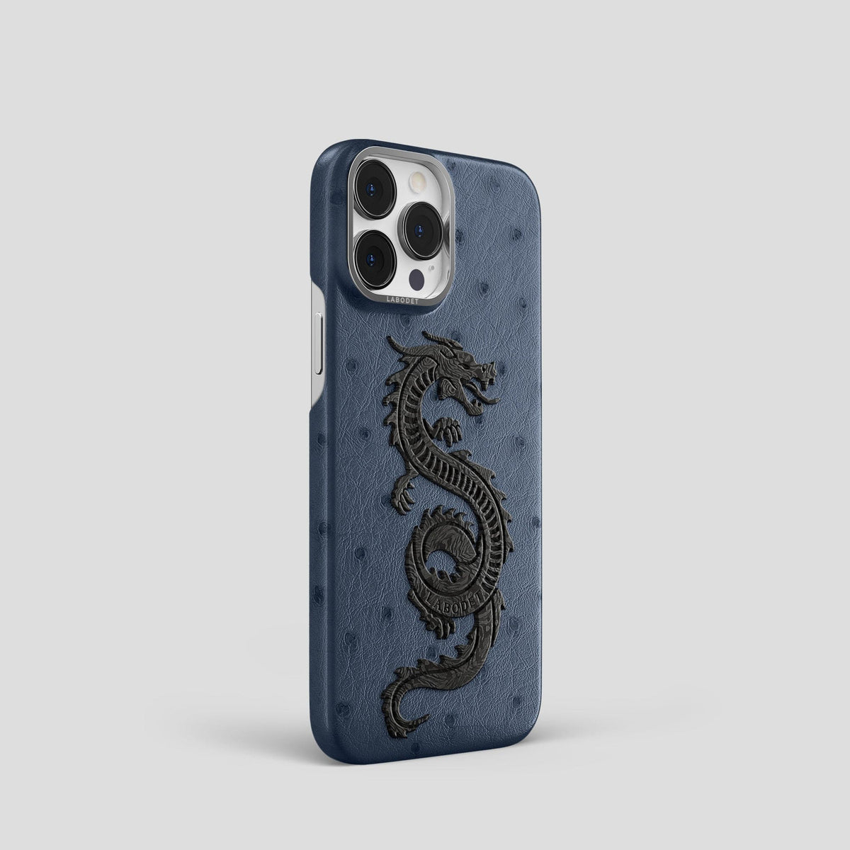 Navy-Blue iPhone 14 Pro Classic Case Ostrich with Steel Metal -2 | Navy-Blue-Steel
