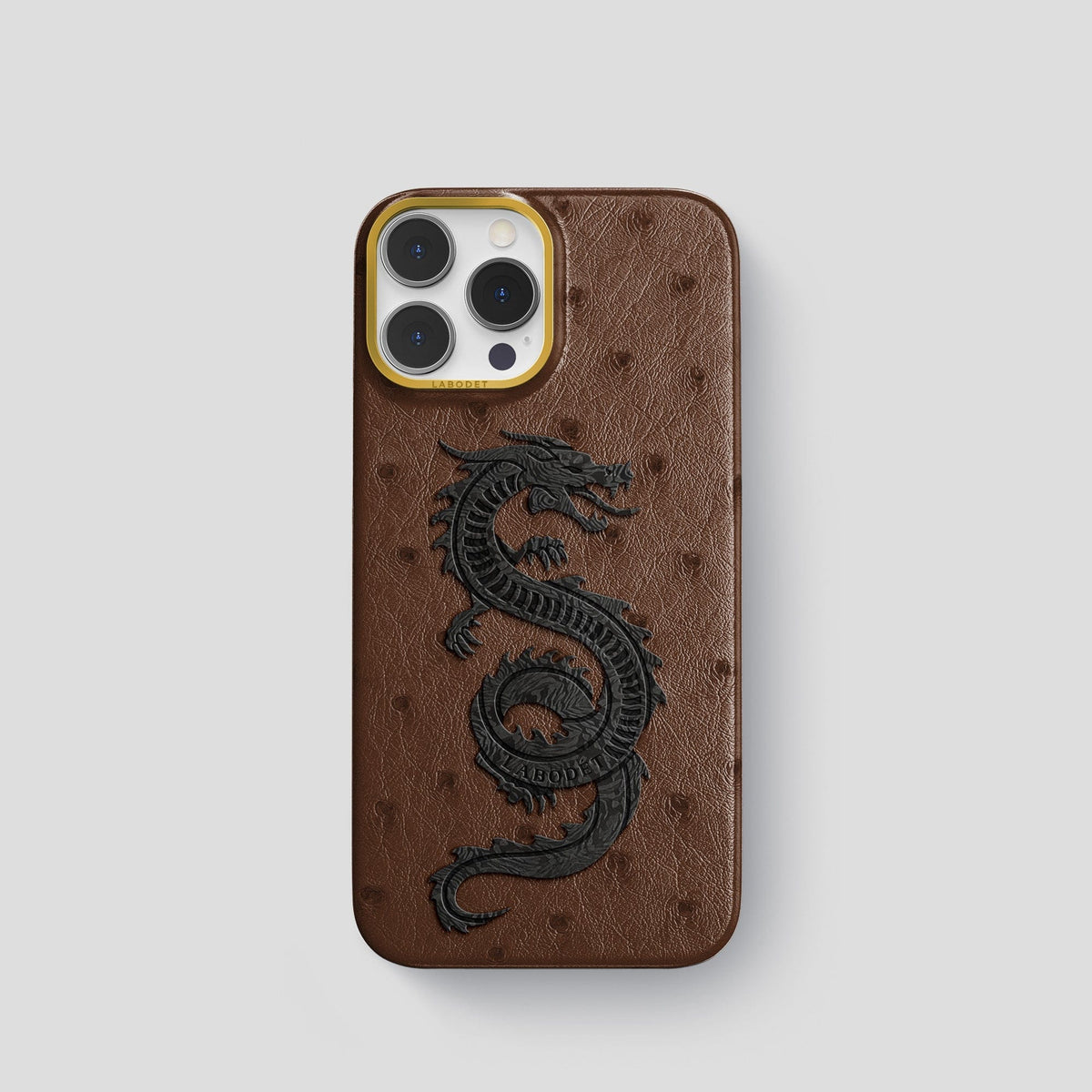 Chocolate iPhone 15 Pro Classic Case Ostrich with Gold Metal -1 | Chocolate-Gold
