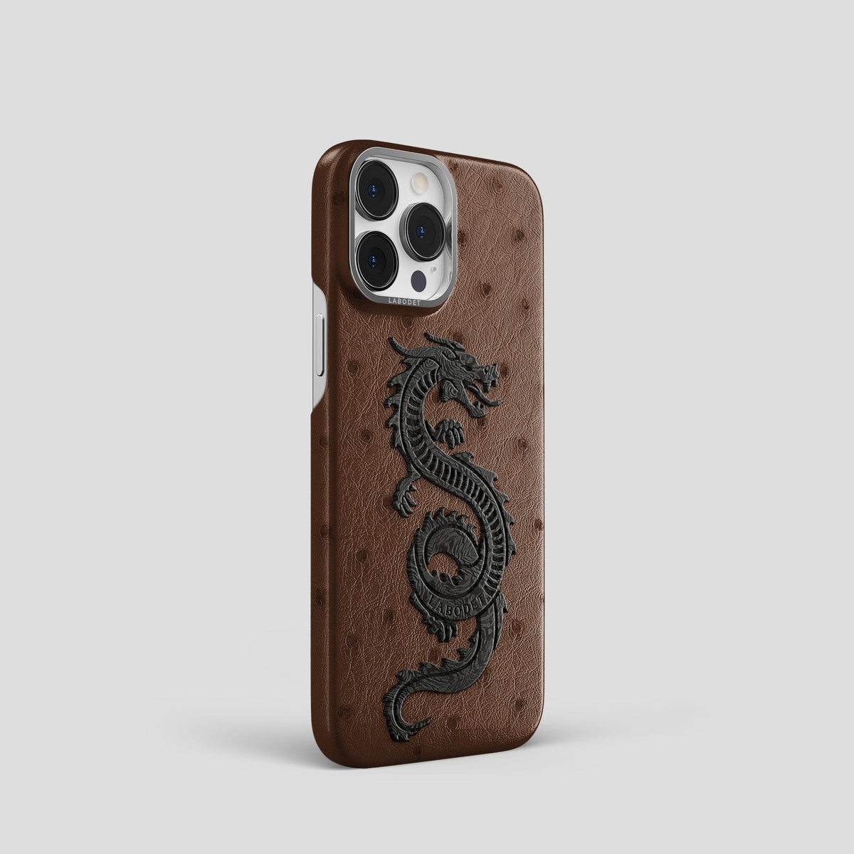 Chocolate iPhone 15 Pro Classic Case Ostrich with Steel Metal -2 | Chocolate-Steel