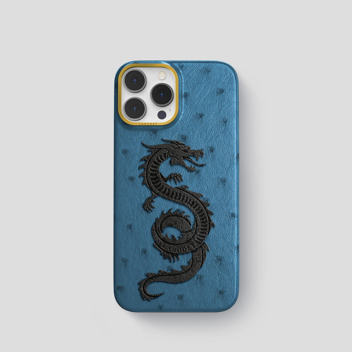 Blue-Jeans iPhone 13 Pro Classic Case Ostrich with Gold Metal -1 | Blue-Jeans-Gold