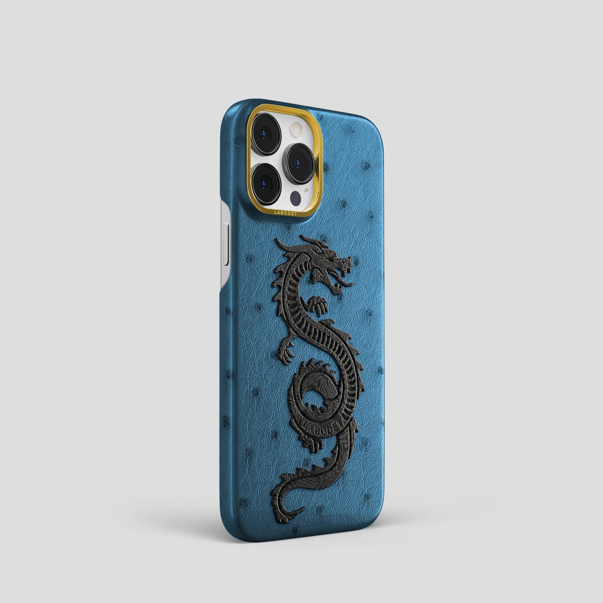 Blue-Jeans iPhone 15 Pro Classic Case Ostrich with Gold Metal -2 | Blue-Jeans-Gold