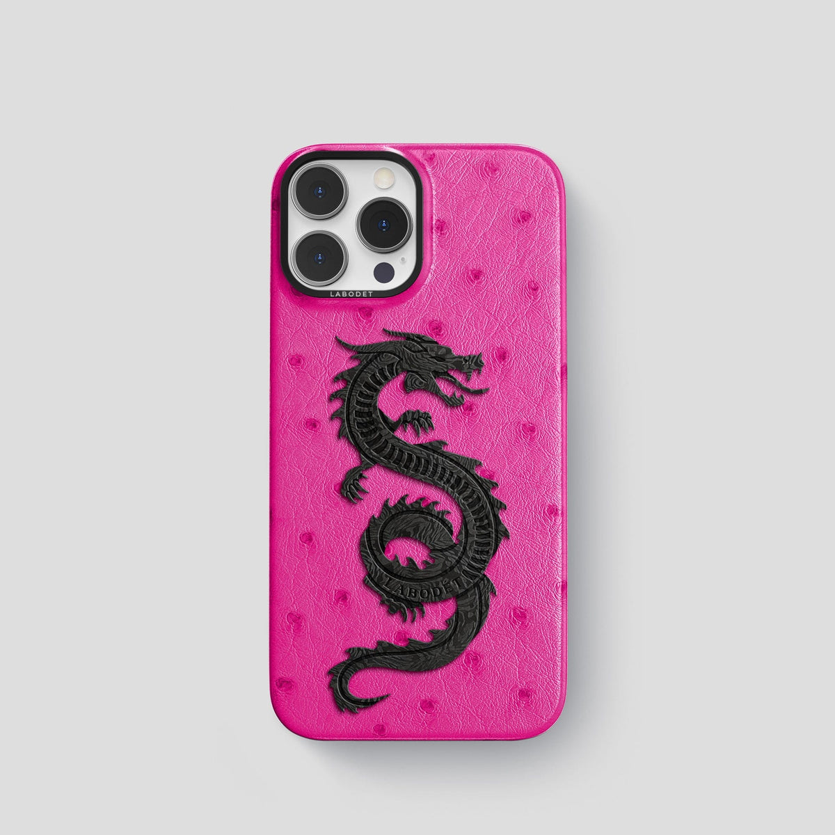 Fuchsia iPhone 15 Pro Classic Case Ostrich with Black Metal -1 | Fuchsia-Black