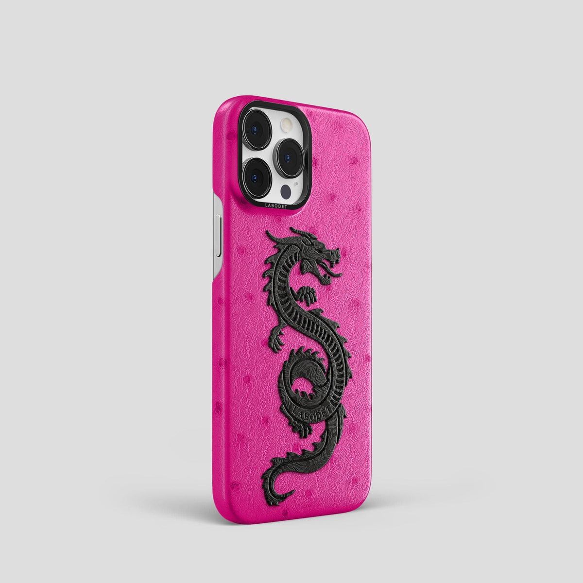Fuchsia iPhone 15 Pro Classic Case Ostrich with Black Metal -2 | Fuchsia-Black