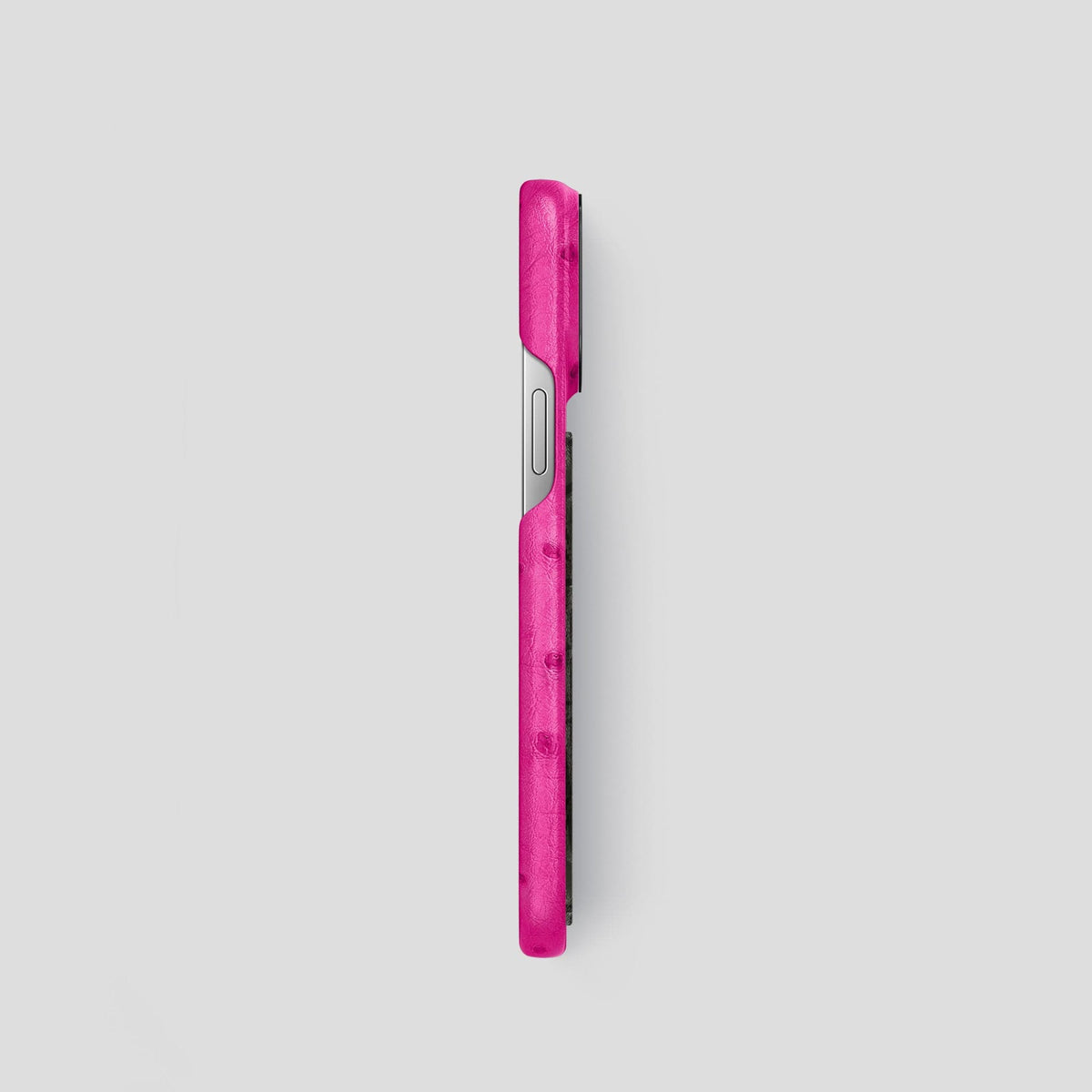 Fuchsia iPhone 15 Pro Classic Case Ostrich with Black Metal -3 | Fuchsia-Black