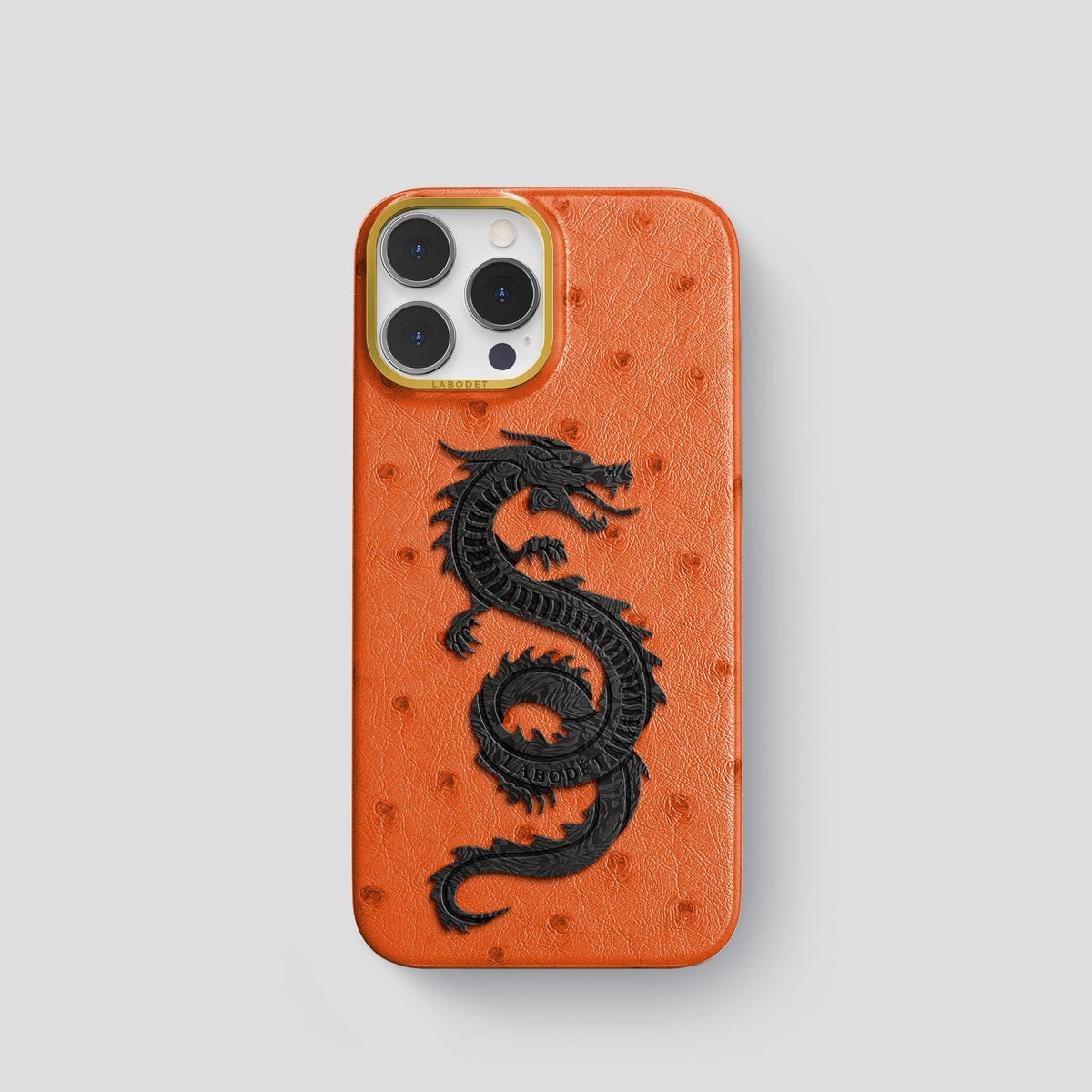 Orange iPhone 15 Pro Classic Case Ostrich with Gold Metal -1 | Orange-Gold