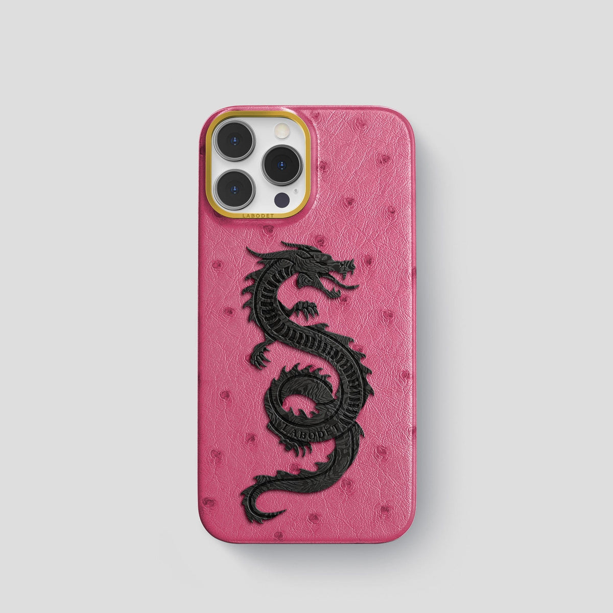Petal Pink iPhone 15 Pro Classic Case Ostrich with Gold Metal -1 | Petal-Pink-Gold
