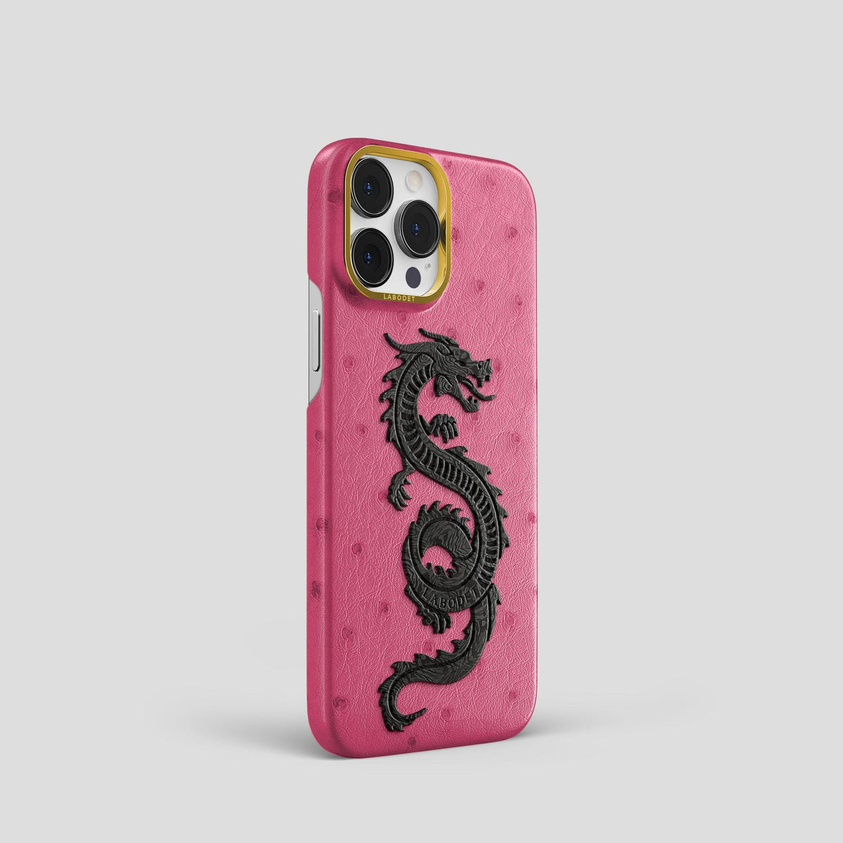 Petal Pink iPhone 15 Pro Classic Case Ostrich with Gold Metal -2 | Petal-Pink-Gold