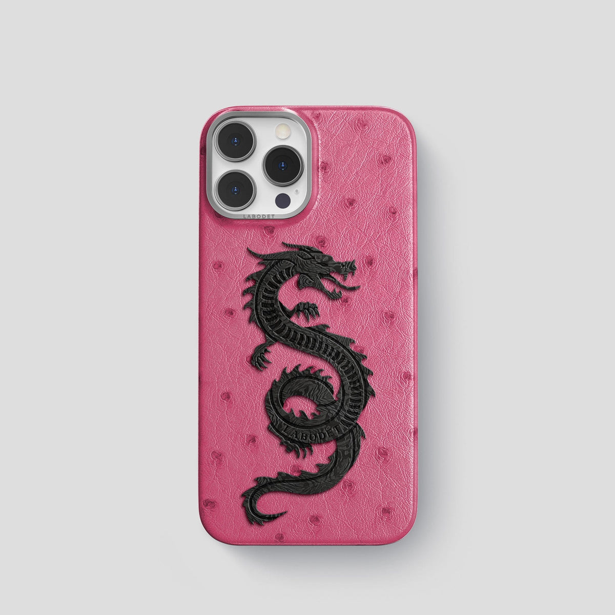 Petal Pink iPhone 15 Pro Classic Case Ostrich with Steel Metal -1 | Petal-Pink-Steel
