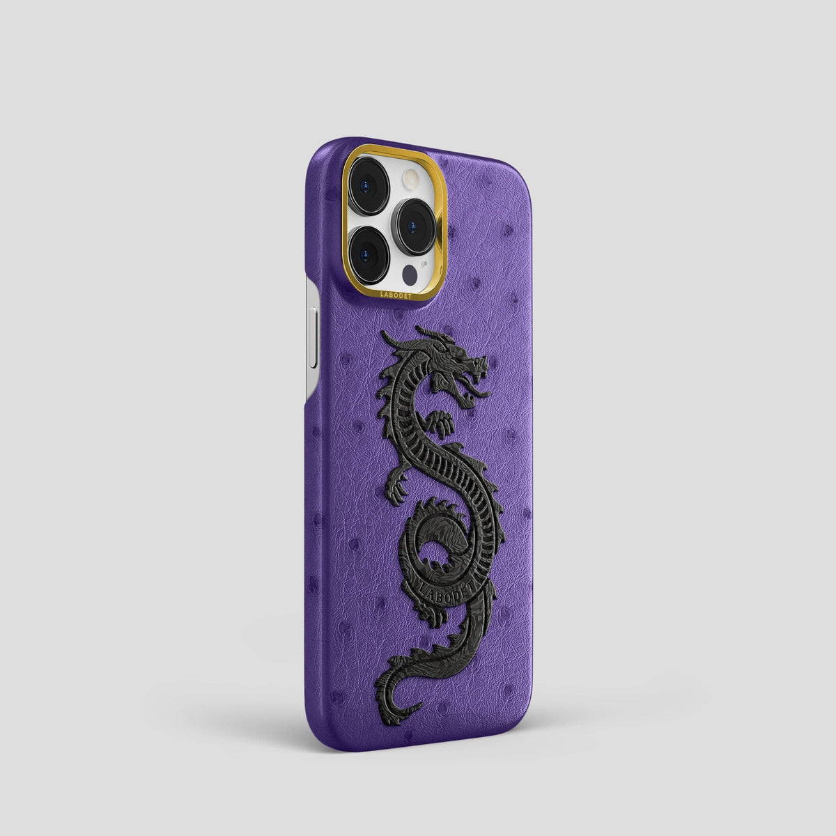 Purple iPhone 15 Pro Classic Case Ostrich with Gold Metal -2 | Purple-Gold