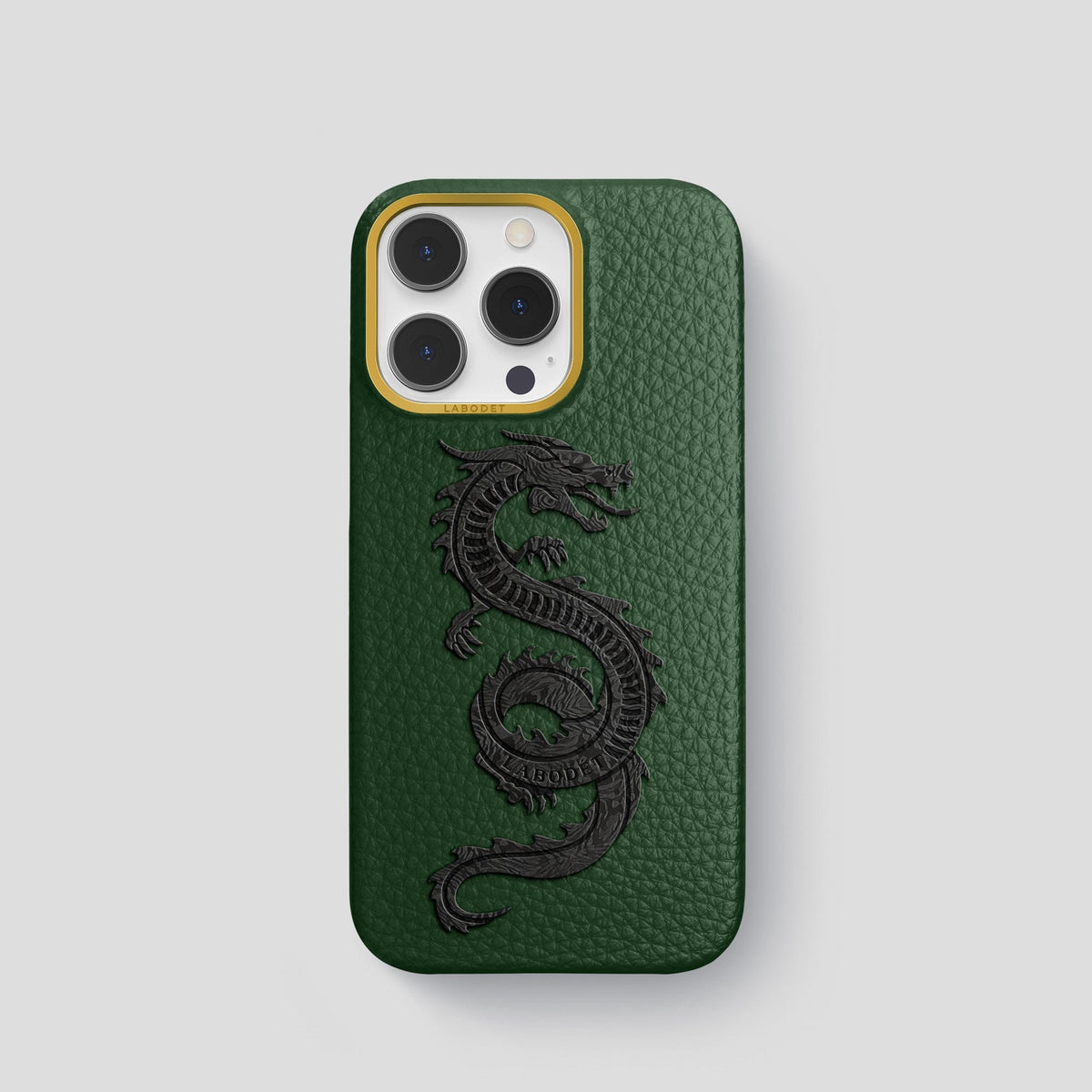 Dark Green iPhone 15 Pro Classic Case Calf with Gold Metal -1 | Dark-Green-Gold