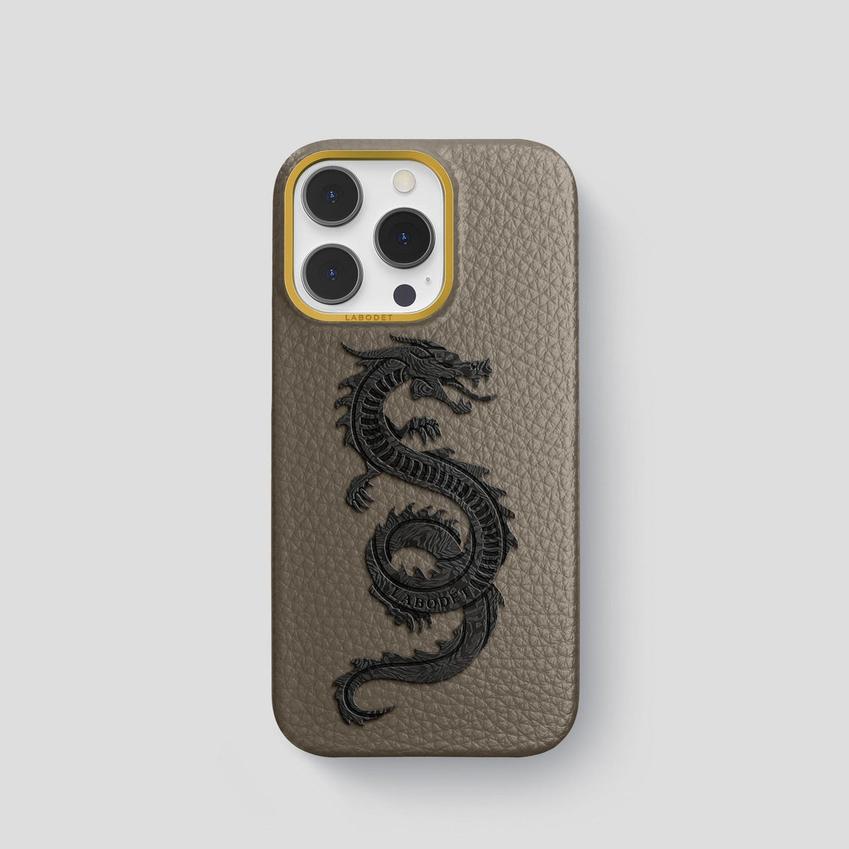 Taupe iPhone 15 Pro Classic Case Calf with Gold Metal -1 | Taupe-Gold