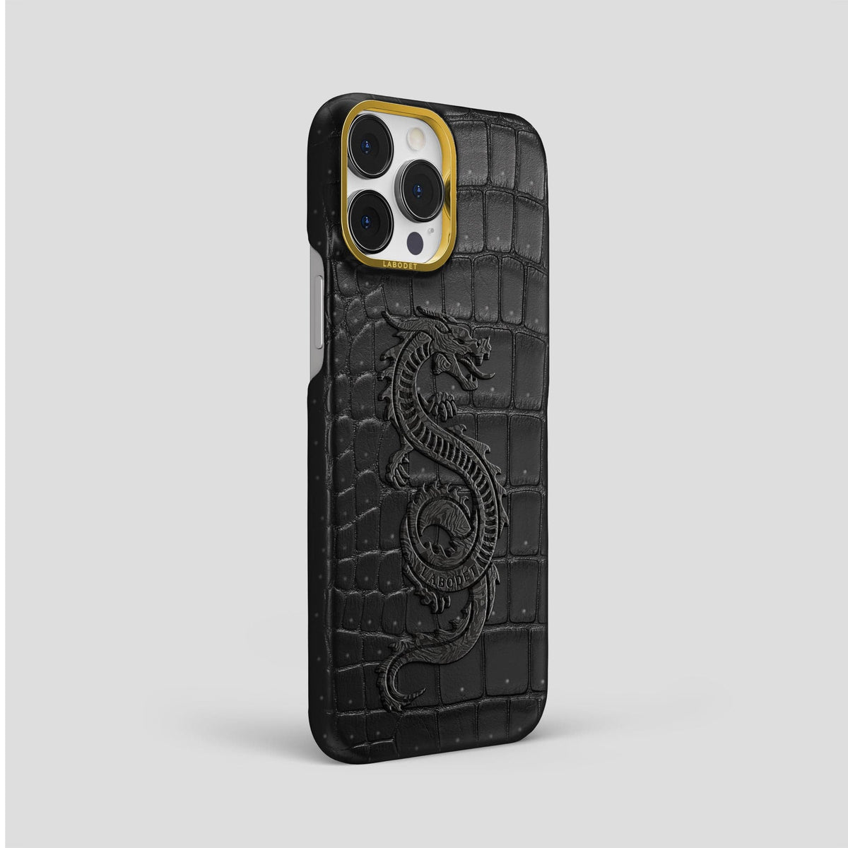 Black iPhone 15 Pro Max Classic Case Porosus Crocodile with Gold Metal -2 | Black-Gold