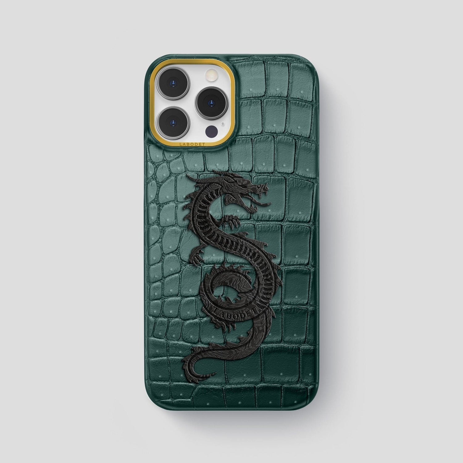 Dark-Forest iPhone 15 Pro Max Classic Case Porosus Crocodile with Gold Metal -1 | Dark-Forest-Gold