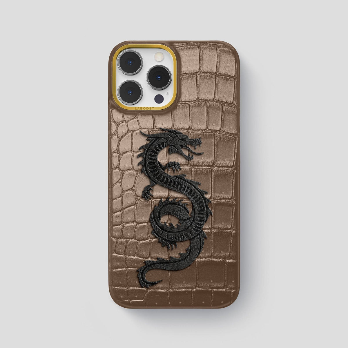 Fur-Brown iPhone 15 Pro Max Classic Case Porosus Crocodile with Gold Metal -1 | Fur-Brown-Gold